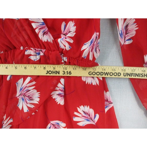 Express Red Floral Chiffon Long Sleeve Romper Surplice Wrap Tie Waist Womens M - Picture 10 of 14